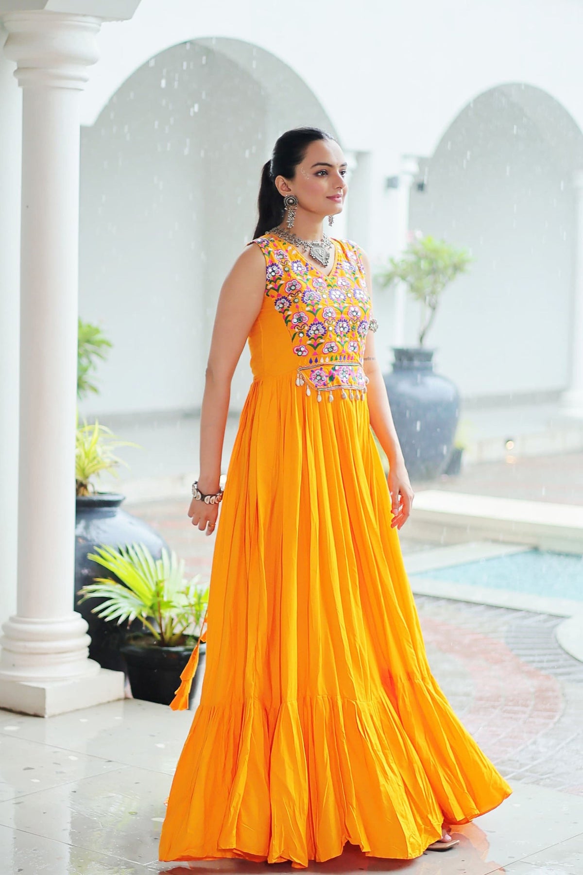 Lorenvalley Fashion Yellow Rayon Kutchi Gamthi Thread Embroidered & mirror Work Gown | Grocsy
