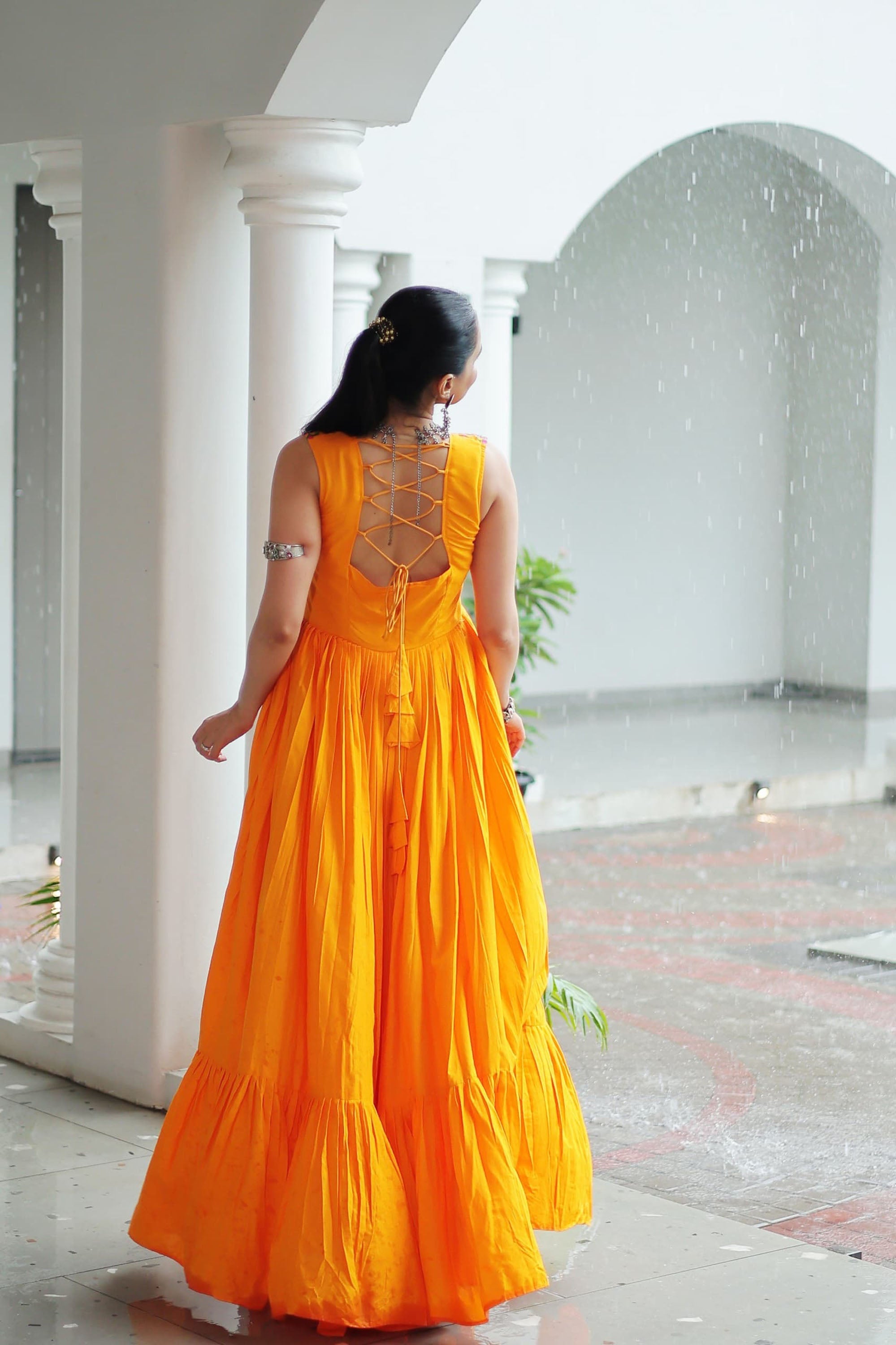 Lorenvalley Fashion Yellow Rayon Kutchi Gamthi Thread Embroidered & mirror Work Gown | Grocsy
