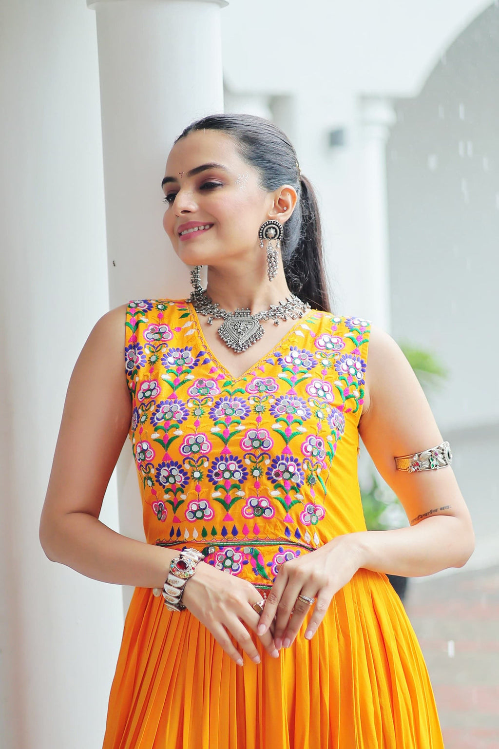 Lorenvalley Fashion Yellow Rayon Kutchi Gamthi Thread Embroidered & mirror Work Gown | Grocsy