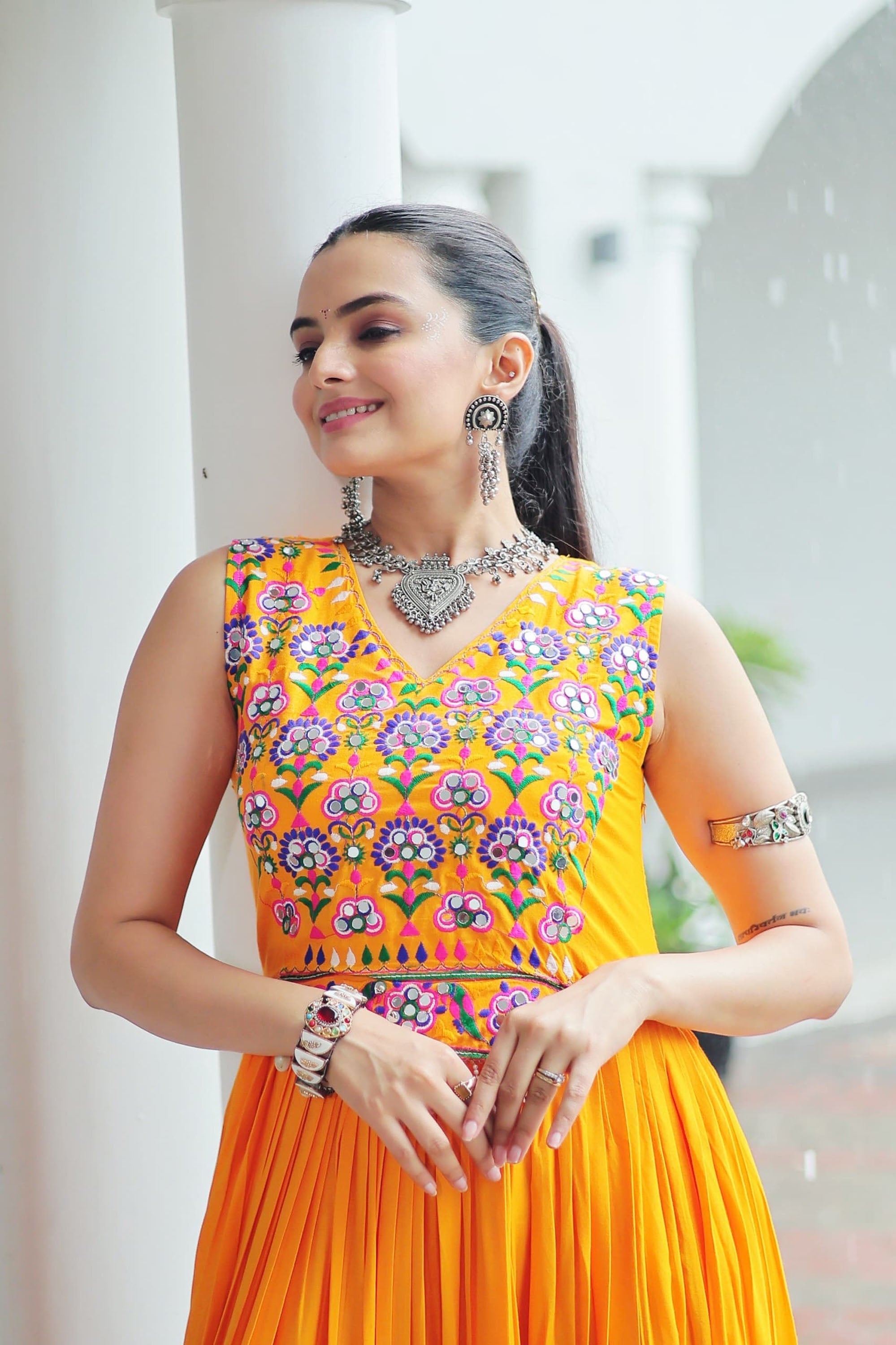 Lorenvalley Fashion Yellow Rayon Kutchi Gamthi Thread Embroidered & mirror Work Gown | Grocsy