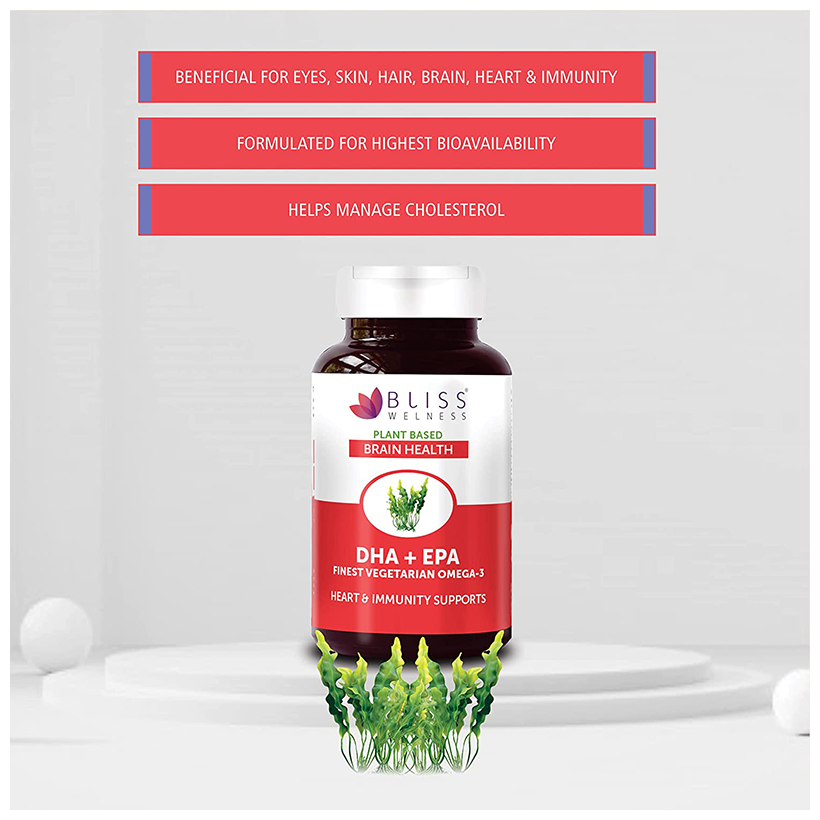 Bliss Welness Brain Health DHA + EPA Finest Vegetarian Omega-3 Veg Capsule | Grocsy