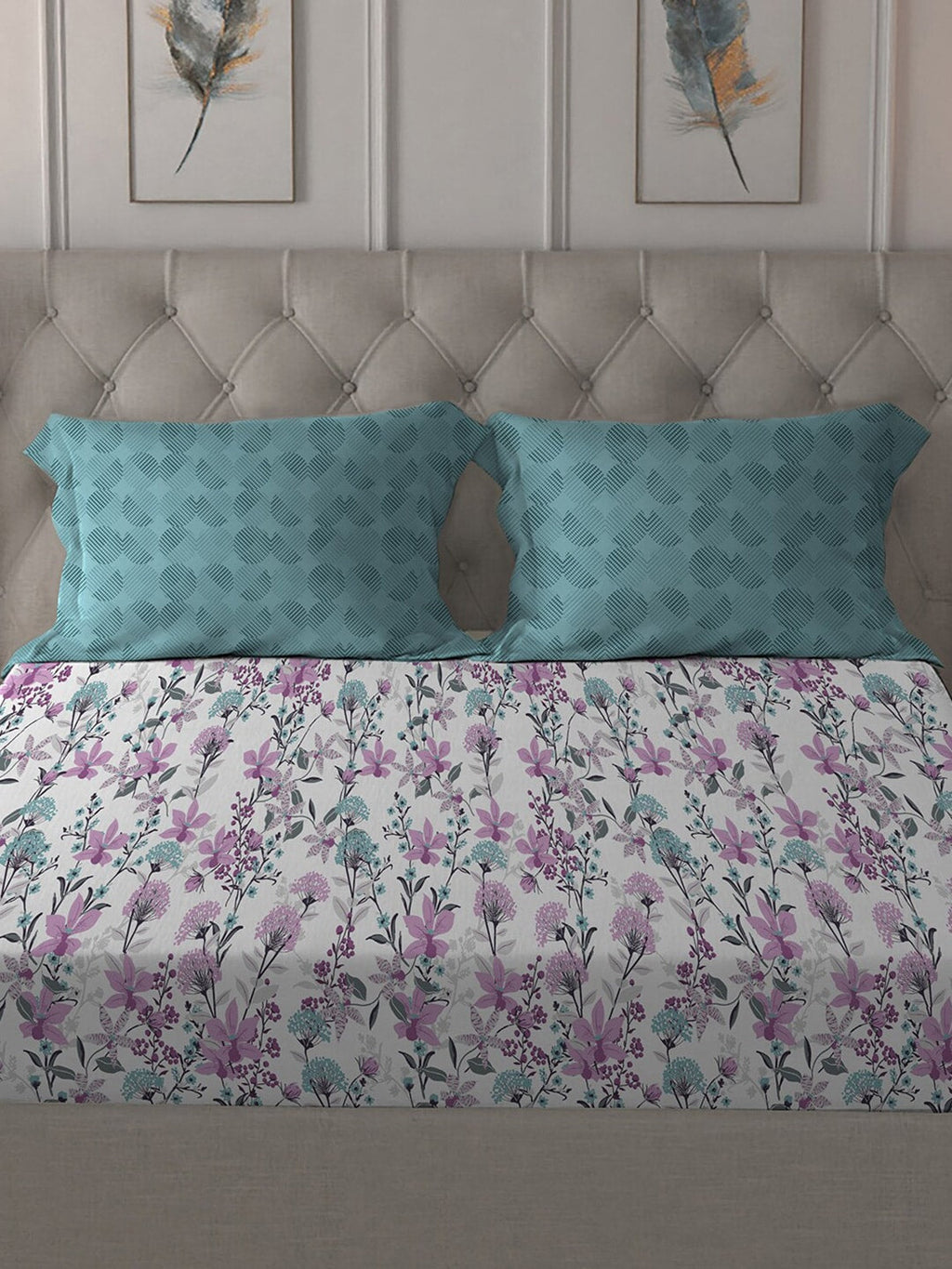 MYTRIDENT Violet White Floral Cotton 144 TC Queen Bedsheet With 2 Pillow Covers | Grocsy