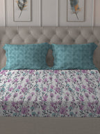 MYTRIDENT Violet White Floral Cotton 144 TC Queen Bedsheet With 2 Pillow Covers | Grocsy