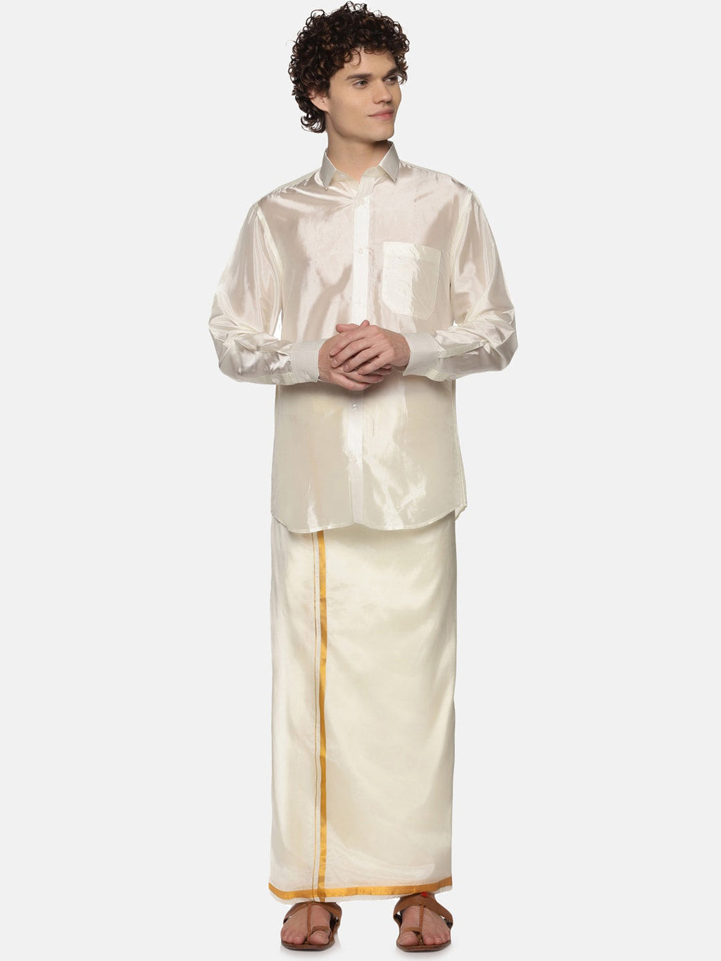 Sethukrishna Men Cream-Coloured Solid Art Silk Dhoti | Grocsy