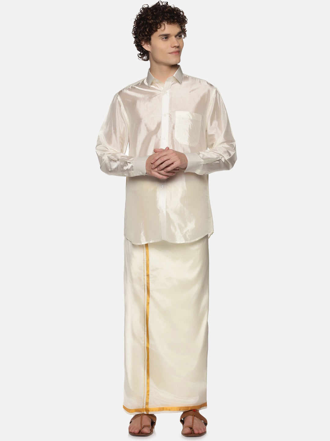 Sethukrishna Men Cream-Coloured Solid Art Silk Dhoti | Grocsy