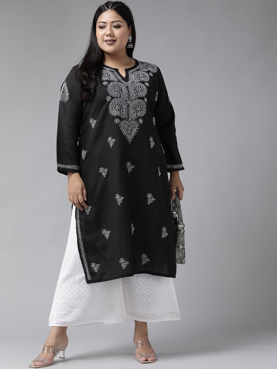 ADA Women Plus Size Black & White Chikankari Hand Embroidered Sustainable Straight Kurta | Grocsy