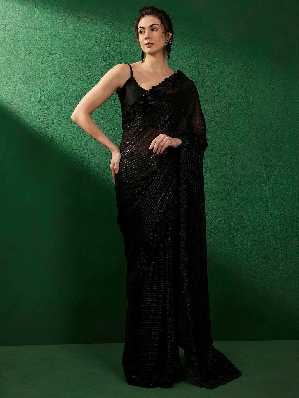 Sangria Striped Embellished Beads and Stones Pure Chiffon Sarees | Grocsy