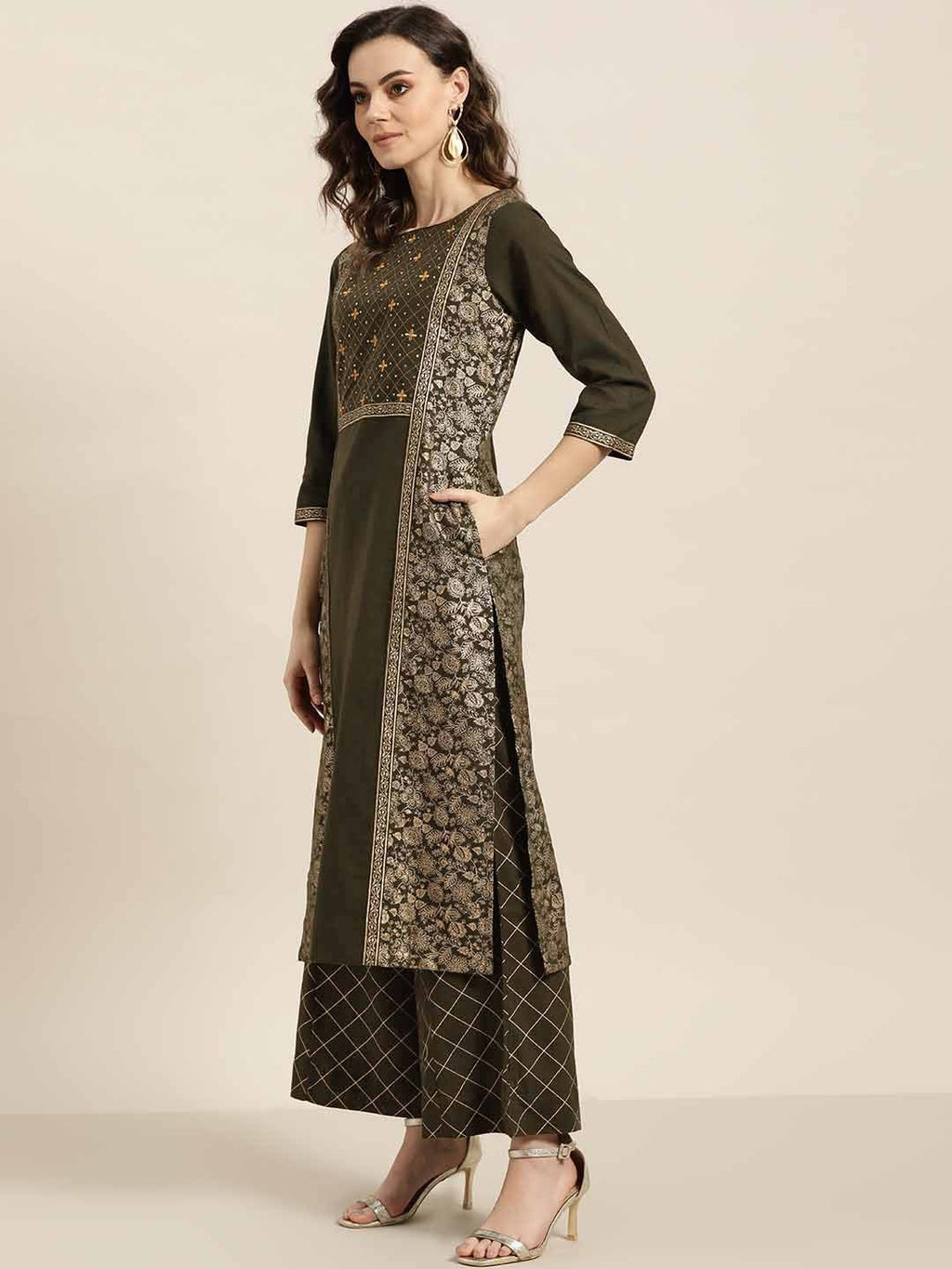 Sangria Women Olive Green & Golden Printed Kurta with Palazzos & Dupatta | Grocsy