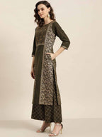 Sangria Women Olive Green & Golden Printed Kurta with Palazzos & Dupatta | Grocsy