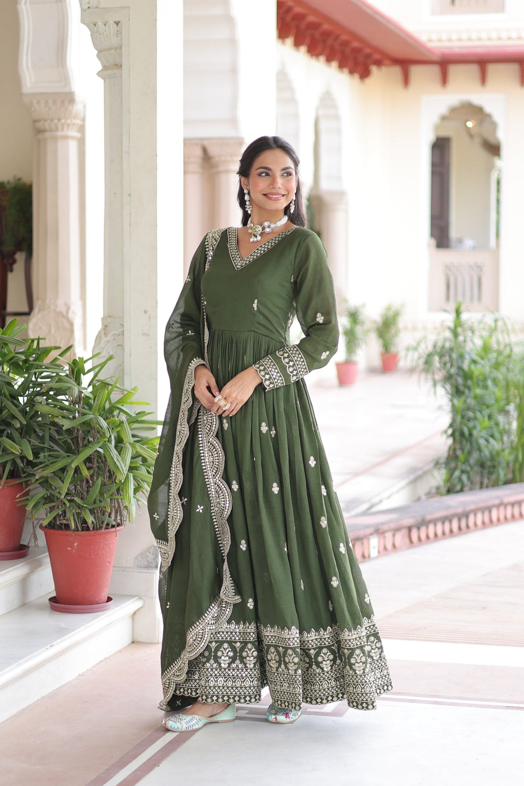Lorenvalley Fashion Mehendi Vichitra Silk with Rich Sequins & Zari Embroidered work Anarkali Gown with Dupatta | Grocsy