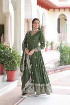 Lorenvalley Fashion Mehendi Vichitra Silk with Rich Sequins & Zari Embroidered work Anarkali Gown with Dupatta | Grocsy