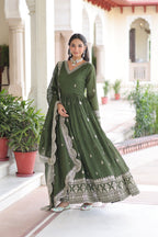 Lorenvalley Fashion Mehendi Vichitra Silk with Rich Sequins & Zari Embroidered work Anarkali Gown with Dupatta | Grocsy