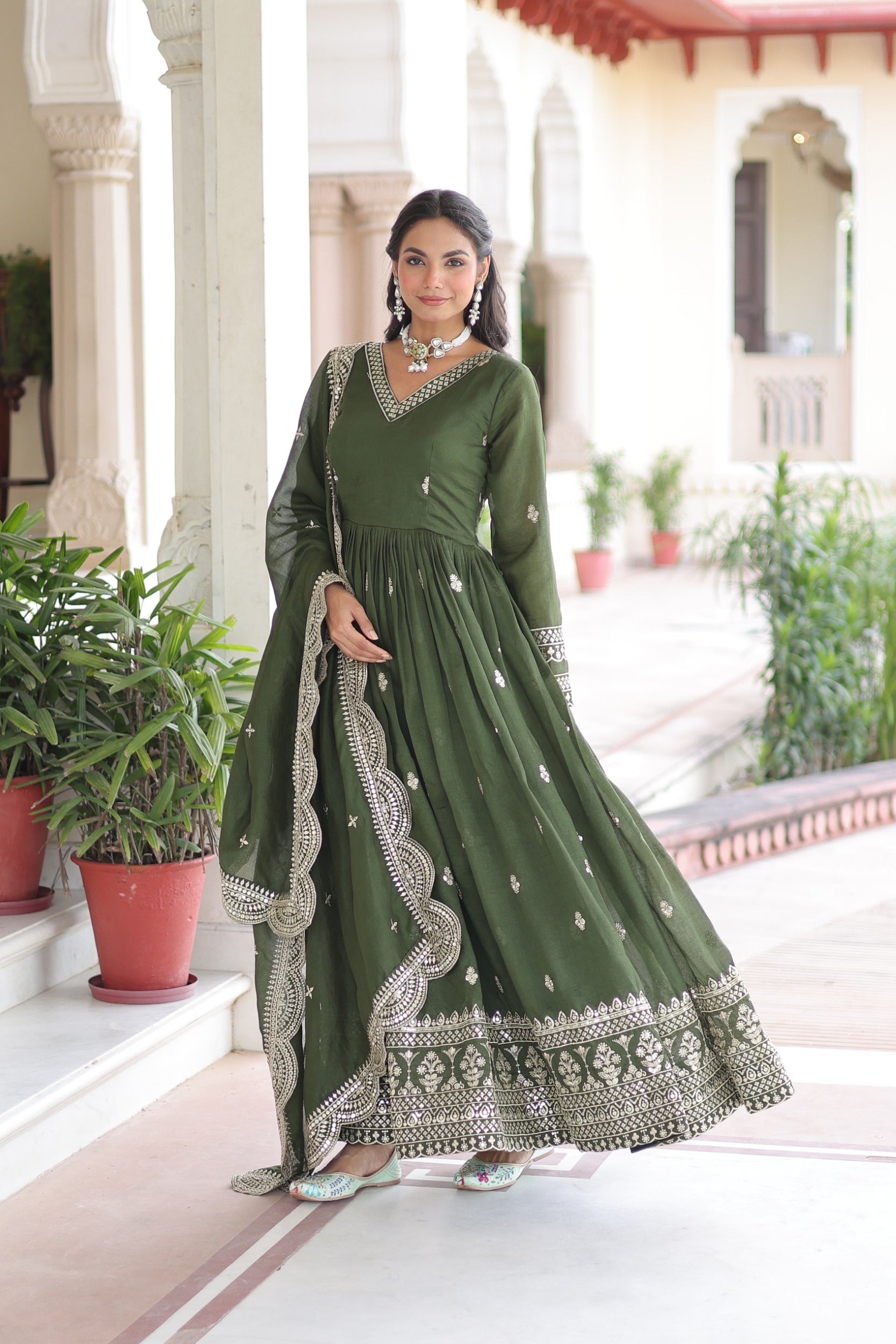 Lorenvalley Fashion Mehendi Vichitra Silk with Rich Sequins & Zari Embroidered work Anarkali Gown with Dupatta | Grocsy