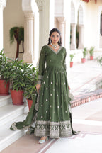 Lorenvalley Fashion Mehendi Vichitra Silk with Rich Sequins & Zari Embroidered work Anarkali Gown with Dupatta | Grocsy
