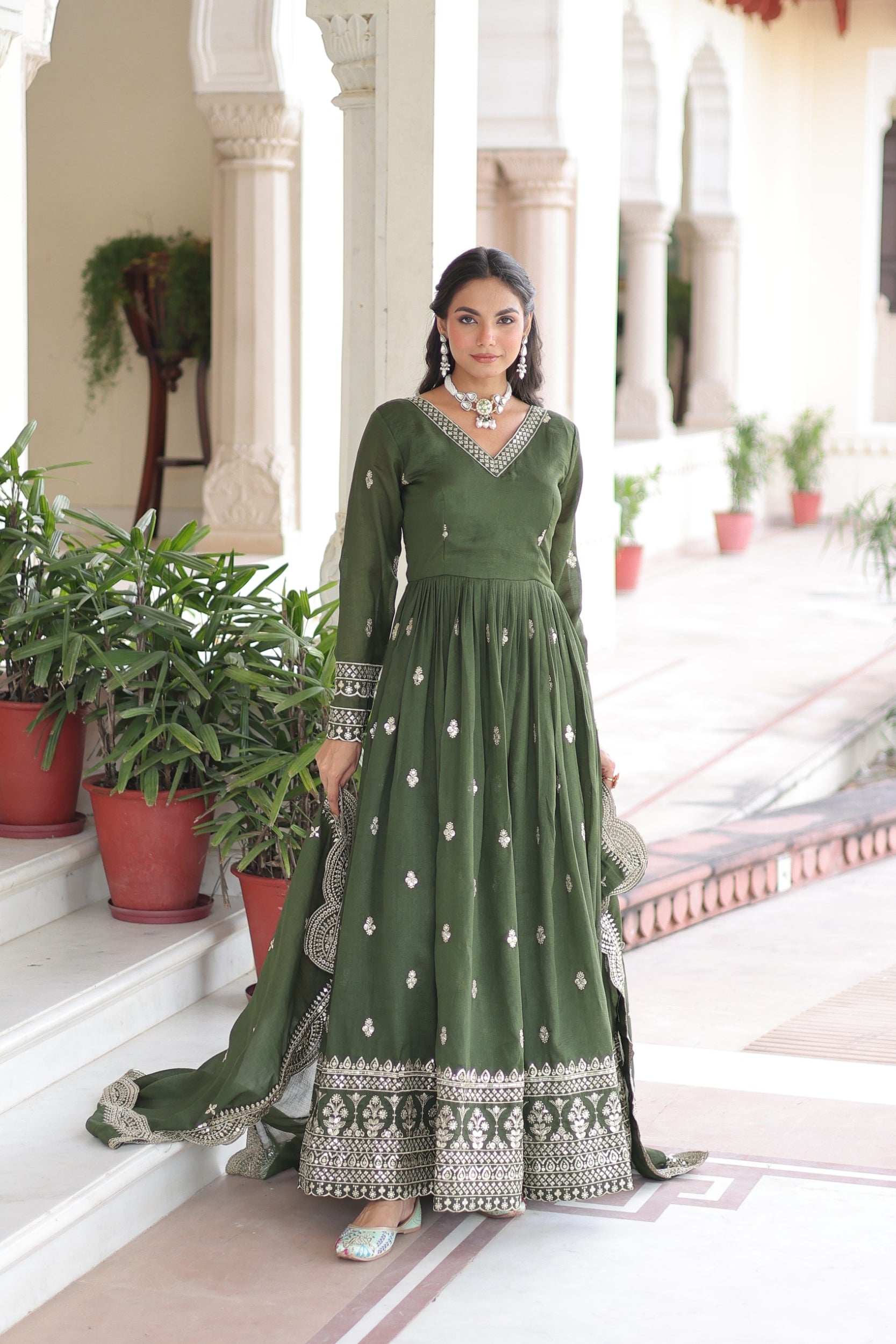 Lorenvalley Fashion Mehendi Vichitra Silk with Rich Sequins & Zari Embroidered work Anarkali Gown with Dupatta | Grocsy