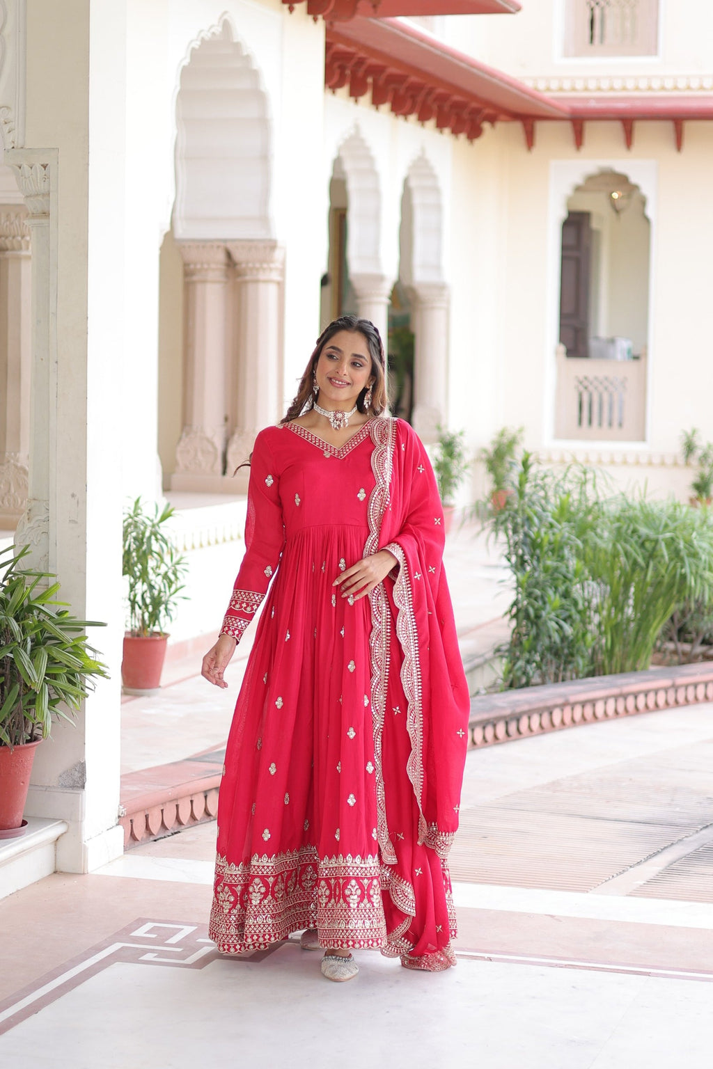 Lorenvalley Fashion Pink Vichitra Silk with Rich Sequins & Zari Embroidered work Anarkali Gown with Dupatta | Grocsy