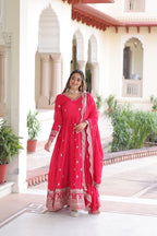 Lorenvalley Fashion Pink Vichitra Silk with Rich Sequins & Zari Embroidered work Anarkali Gown with Dupatta | Grocsy