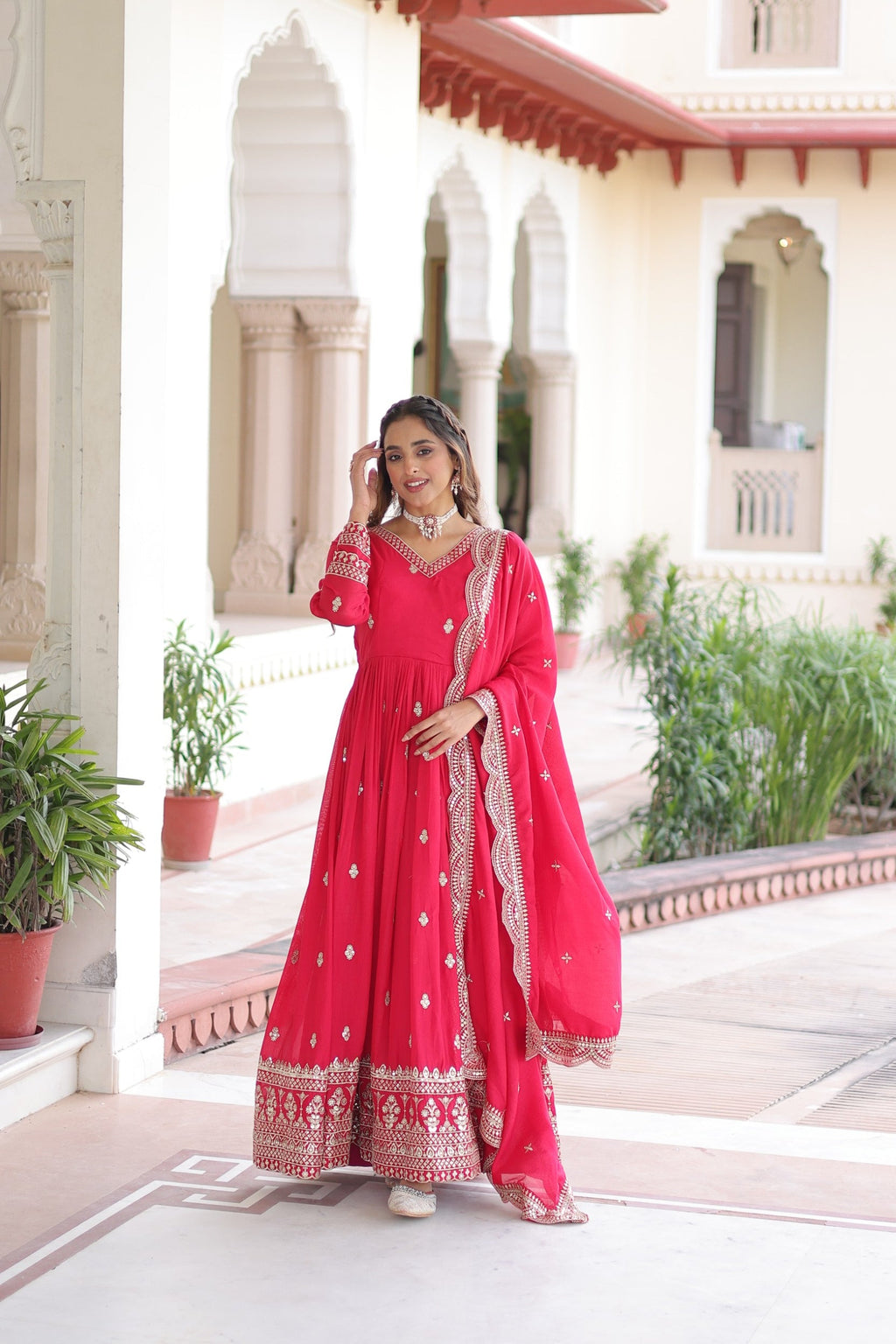 Lorenvalley Fashion Pink Vichitra Silk with Rich Sequins & Zari Embroidered work Anarkali Gown with Dupatta | Grocsy