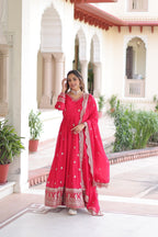 Lorenvalley Fashion Pink Vichitra Silk with Rich Sequins & Zari Embroidered work Anarkali Gown with Dupatta | Grocsy