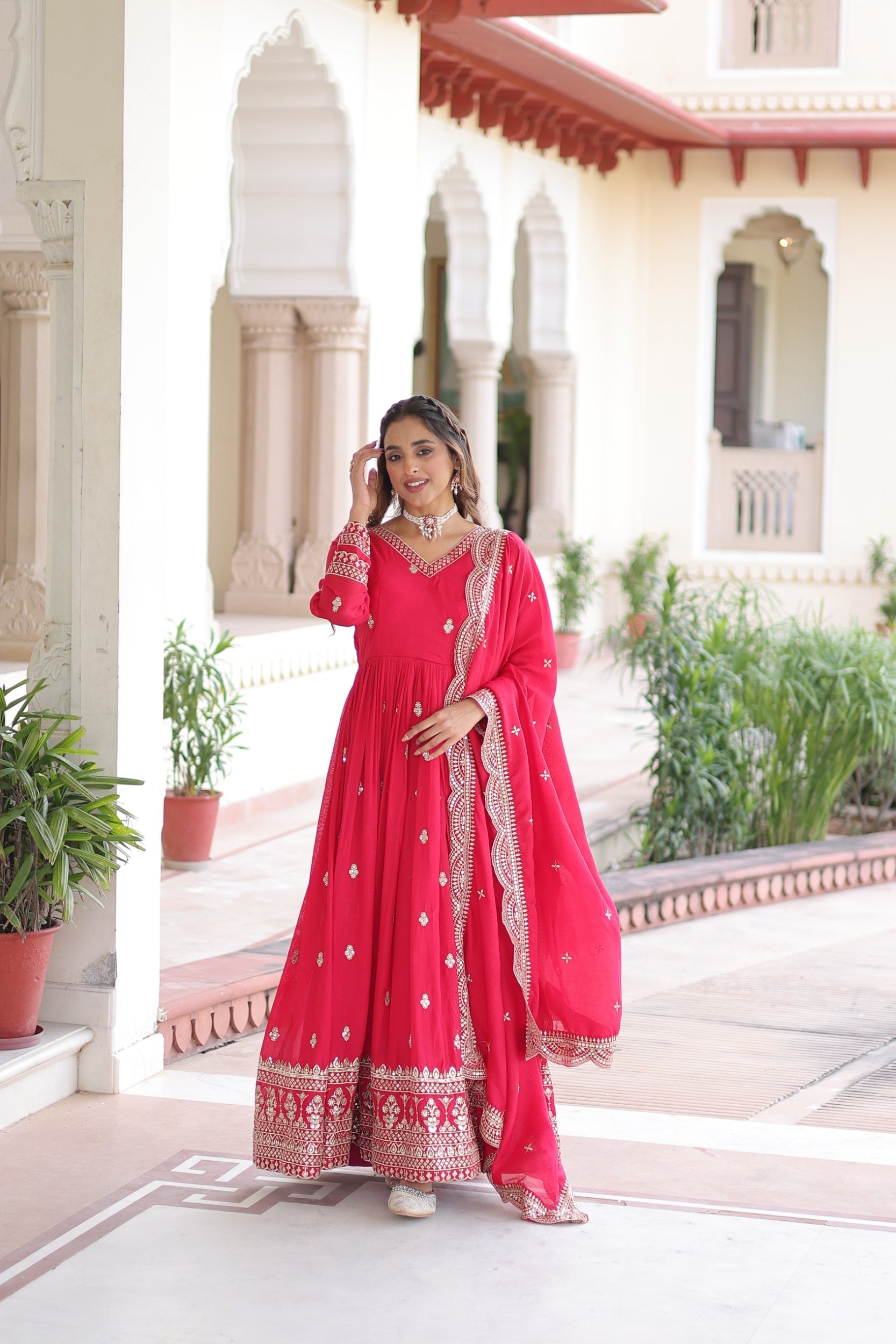 Lorenvalley Fashion Pink Vichitra Silk with Rich Sequins & Zari Embroidered work Anarkali Gown with Dupatta | Grocsy