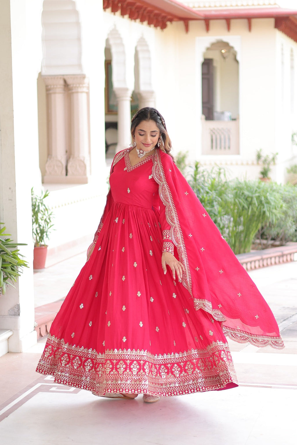 Lorenvalley Fashion Pink Vichitra Silk with Rich Sequins & Zari Embroidered work Anarkali Gown with Dupatta | Grocsy