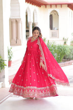 Lorenvalley Fashion Pink Vichitra Silk with Rich Sequins & Zari Embroidered work Anarkali Gown with Dupatta | Grocsy