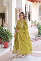 Lorenvalley Fashion Mehendi Faux Georgette with Rich Sequins & Zari Embroidered work Anarkali Gown with Dupatta | Grocsy