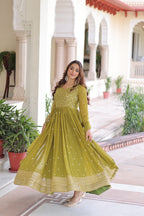 Lorenvalley Fashion Mehendi Faux Georgette with Rich Sequins & Zari Embroidered work Anarkali Gown with Dupatta | Grocsy