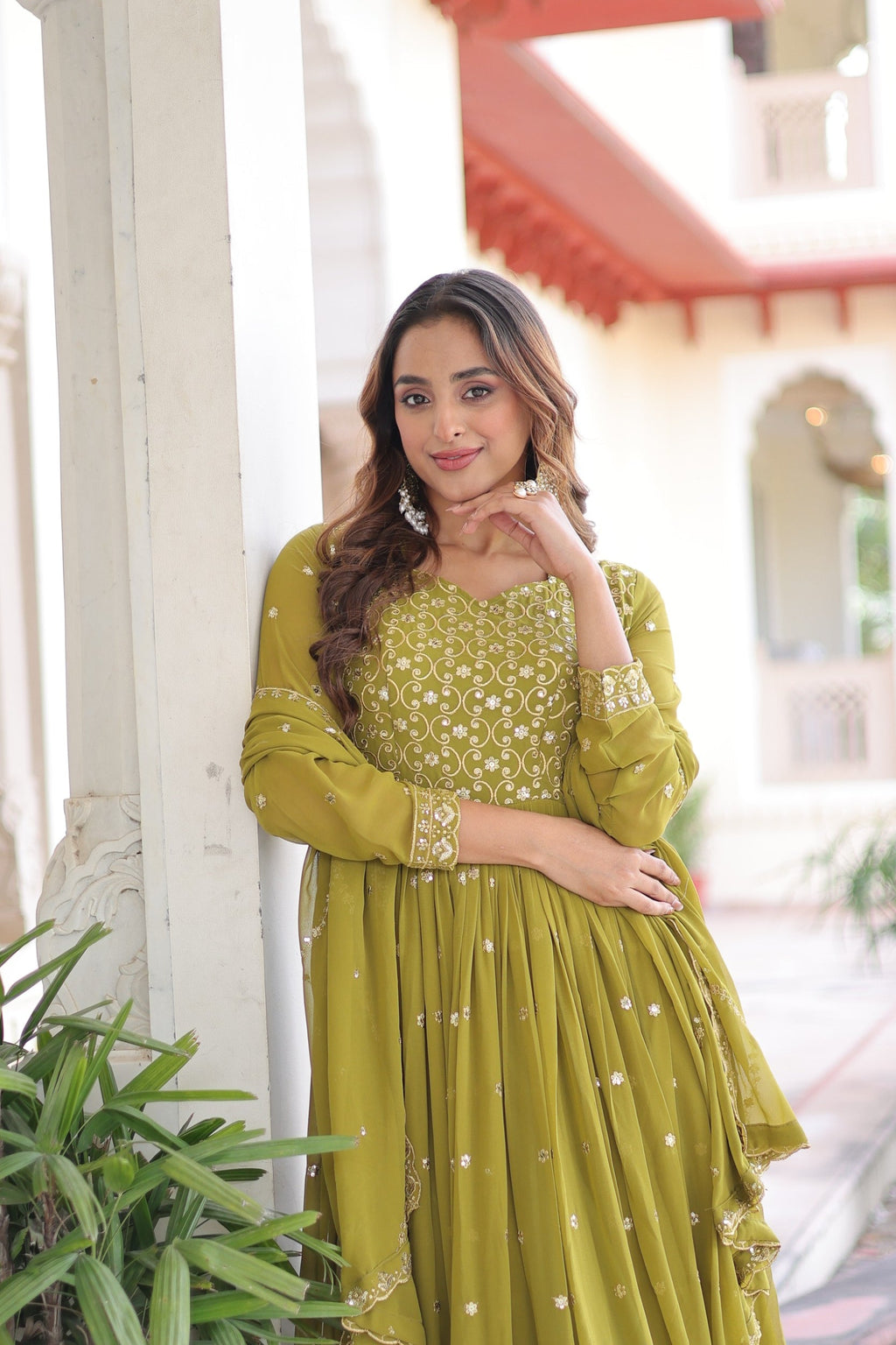 Lorenvalley Fashion Mehendi Faux Georgette with Rich Sequins & Zari Embroidered work Anarkali Gown with Dupatta | Grocsy