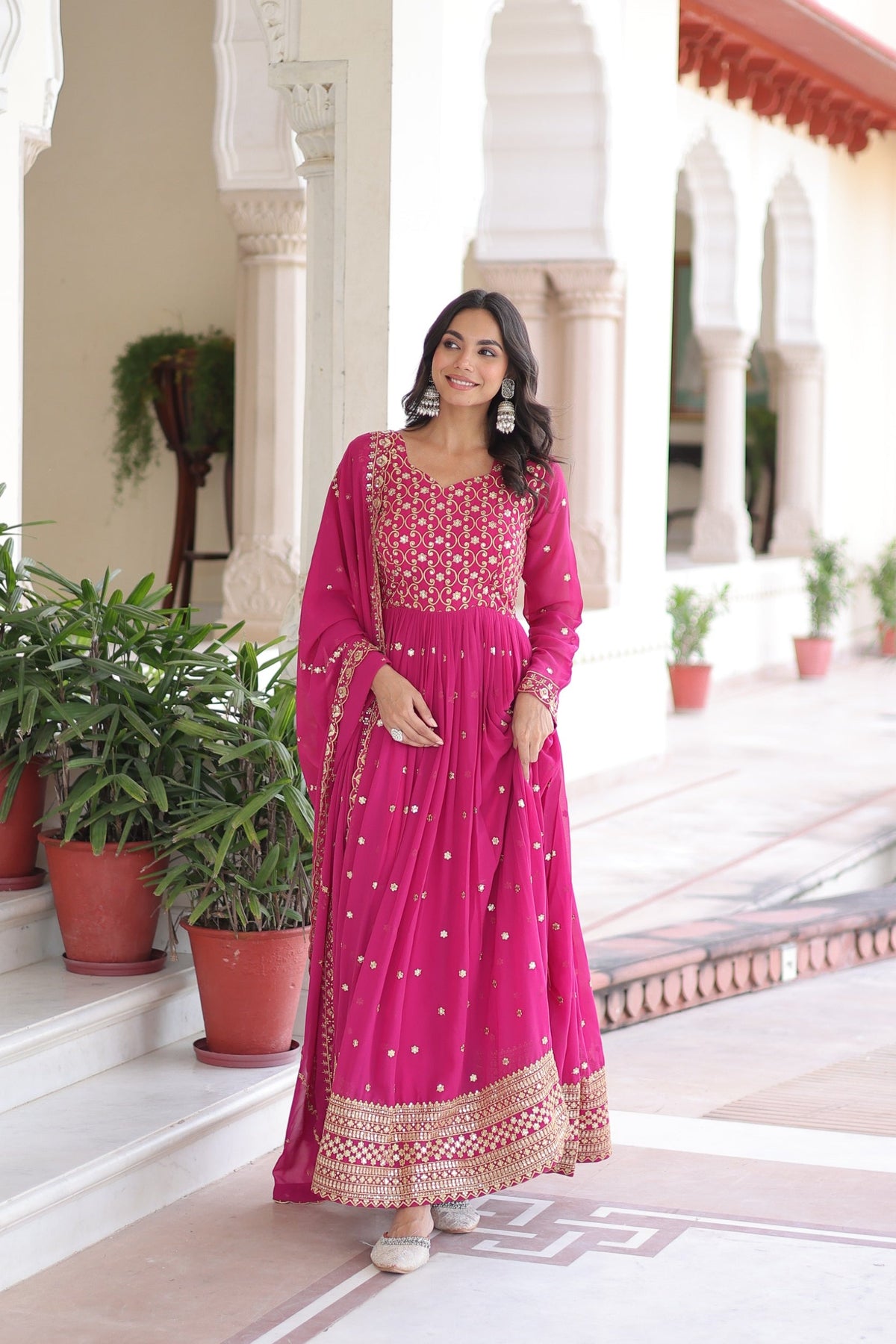 Lorenvalley Fashion Pink Faux Georgette with Rich Sequins & Zari Embroidered work Anarkali Gown with Dupatta | Grocsy