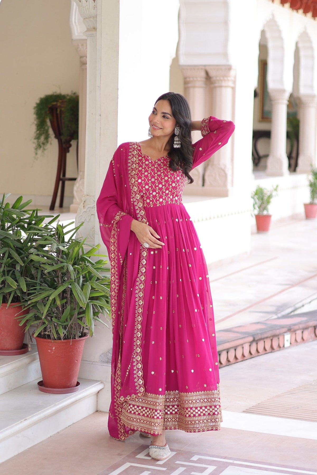 Lorenvalley Fashion Pink Faux Georgette with Rich Sequins & Zari Embroidered work Anarkali Gown with Dupatta | Grocsy