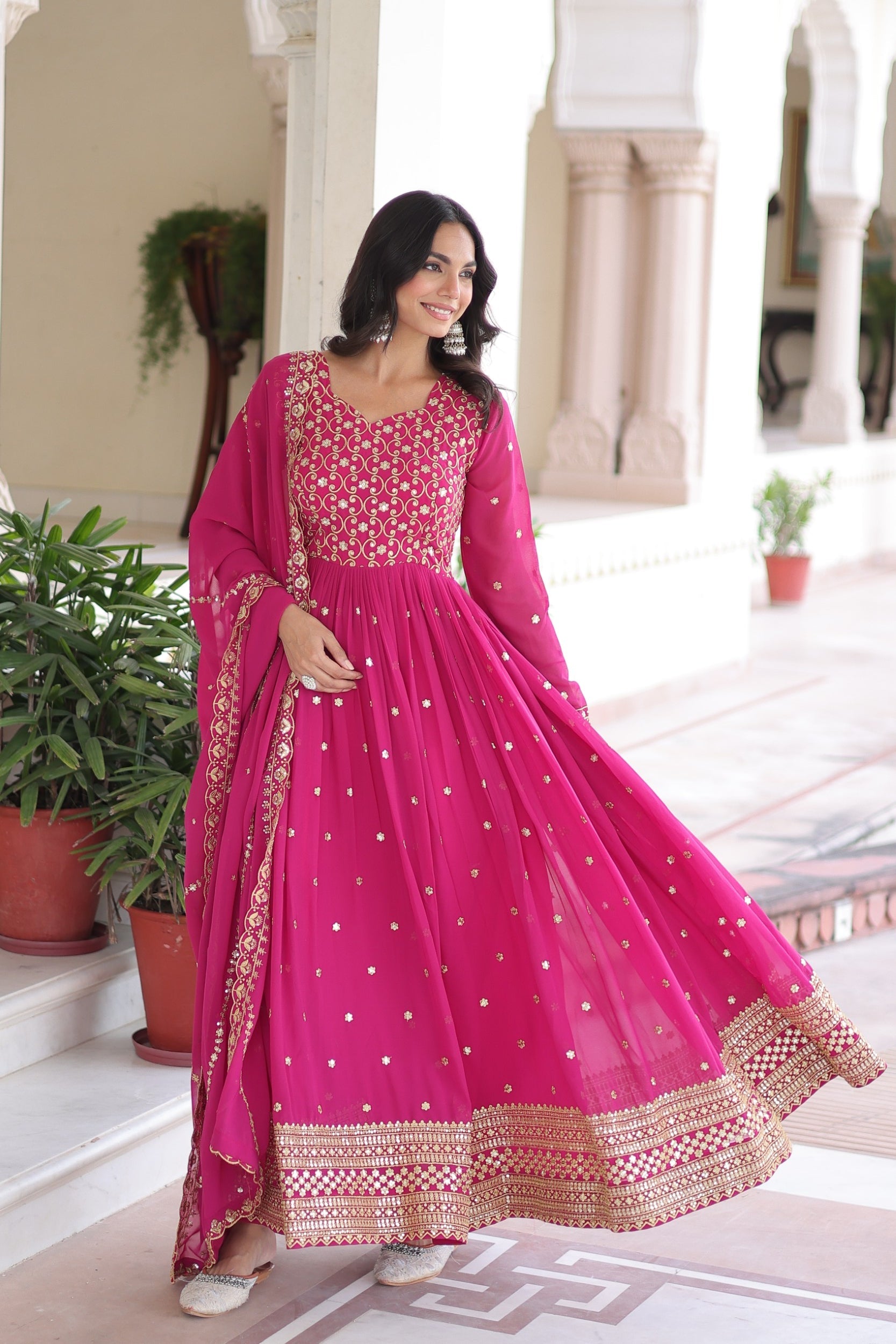Lorenvalley Fashion Pink Faux Georgette with Rich Sequins & Zari Embroidered work Anarkali Gown with Dupatta | Grocsy