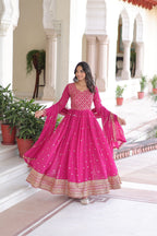 Lorenvalley Fashion Pink Faux Georgette with Rich Sequins & Zari Embroidered work Anarkali Gown with Dupatta | Grocsy