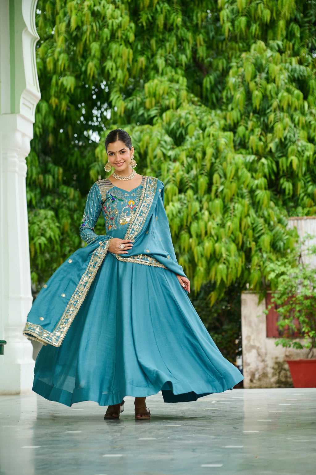 Lorenvalley Fashion Skyblue Vichitra Silk with Rich Sequins Multi Thread & Zari Embroidered work Anarkali Gown with Dupatta | Grocsy
