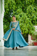 Lorenvalley Fashion Skyblue Vichitra Silk with Rich Sequins Multi Thread & Zari Embroidered work Anarkali Gown with Dupatta | Grocsy