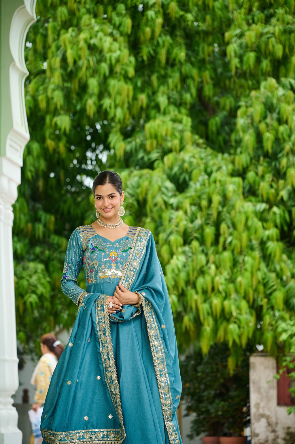 Lorenvalley Fashion Skyblue Vichitra Silk with Rich Sequins Multi Thread & Zari Embroidered work Anarkali Gown with Dupatta | Grocsy