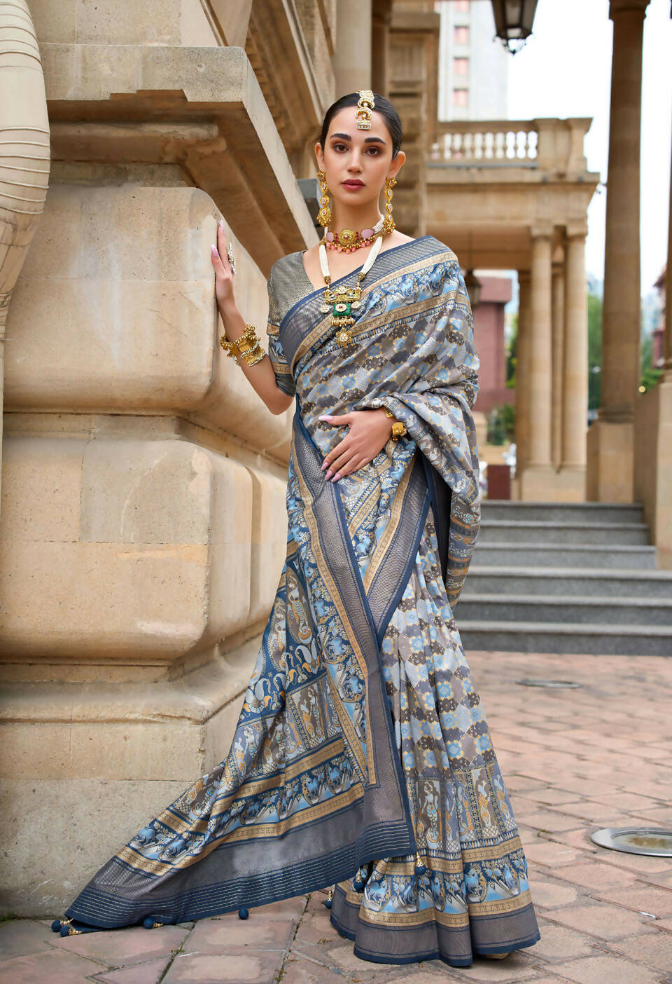 Steel Teal Blue Superior V.P.Silk Woven Printed Patola Silk Saree - Rewaa Milano | Grocsy