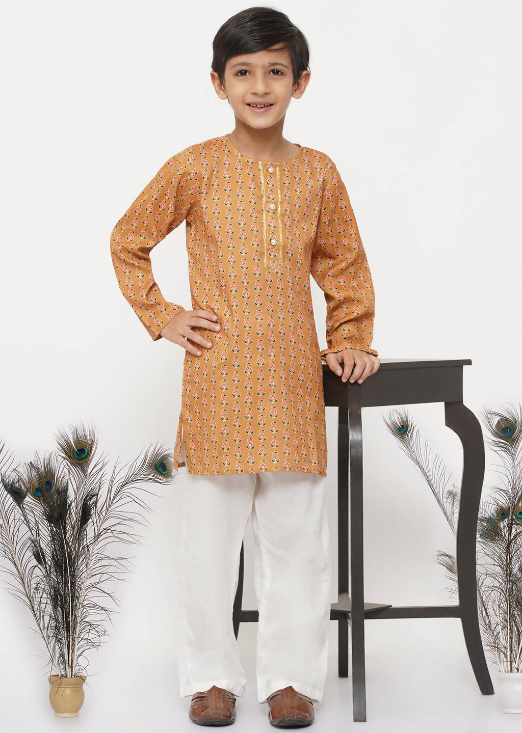 Little Bansi Boys Cotton Silk Floral Kurta with Pearl Buttons & Pyjama - Orange & Cream | Grocsy