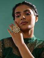 Gold-Polished White Kundan-Studded Adjustable Finger Ring - Ruby Raang | Grocsy