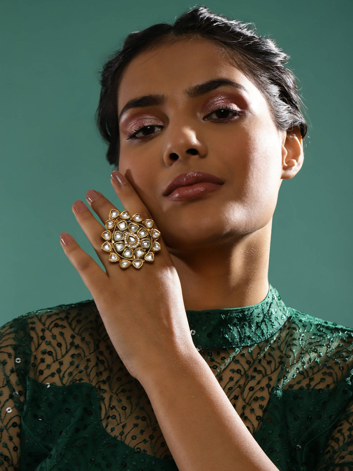 Gold-Polished White Kundan-Studded Adjustable Finger Ring - Ruby Raang | Grocsy