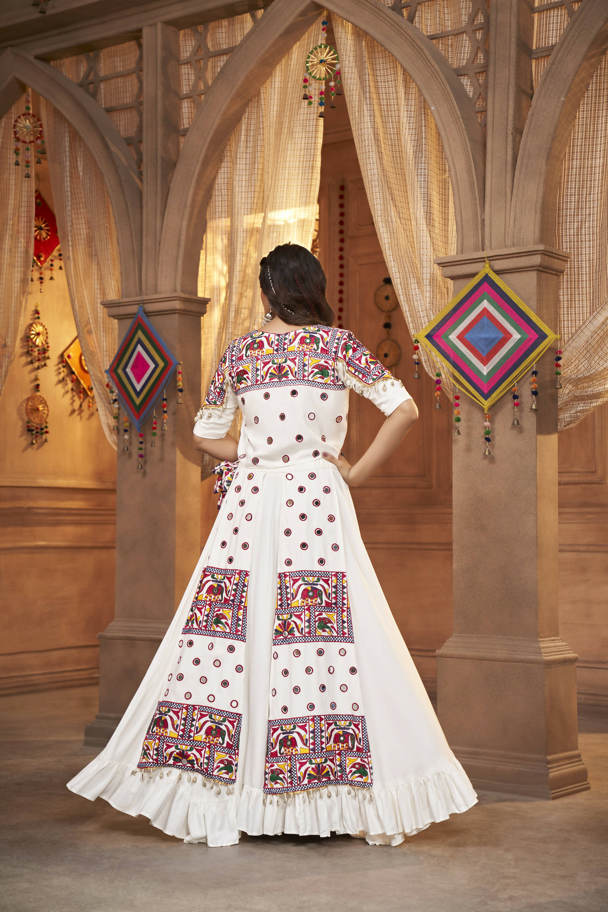White Viscose Rayon Thread Embroidered Work With Mirror All Over Navratri Lehenga Choli With Dupatta - Raas | Grocsy