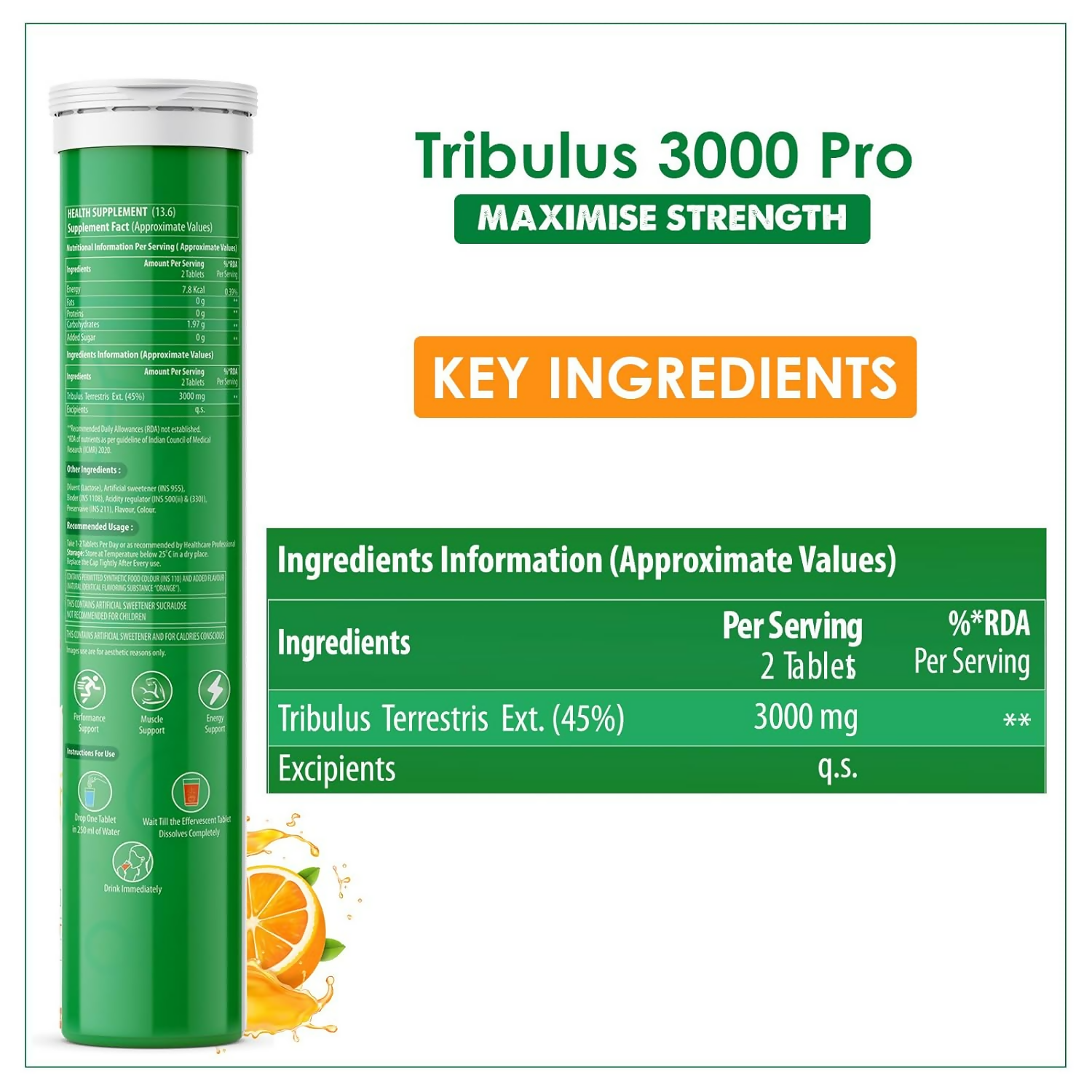 Naturyz Tribulus Terrestris 3000 Pro Gokshura Effervescent Tablets (Orange Flavour) | Grocsy