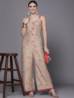 Ahalyaa Women Tan Printed Basic Jumpsuit | Grocsy