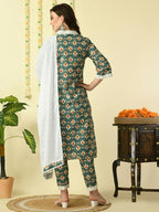 Myshka Women's Green Pure Cotton Kurta & Trousers With Dupatta Party Sets | Grocsy