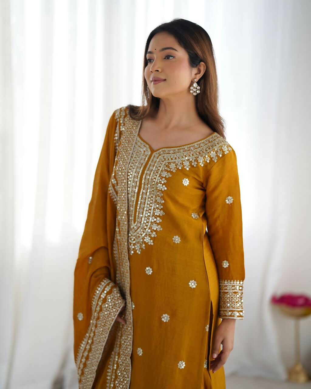 Joban Fashion Mustard Kurta Set Silk Sequins , Zari, Coding & Thread Embroidered work | Grocsy