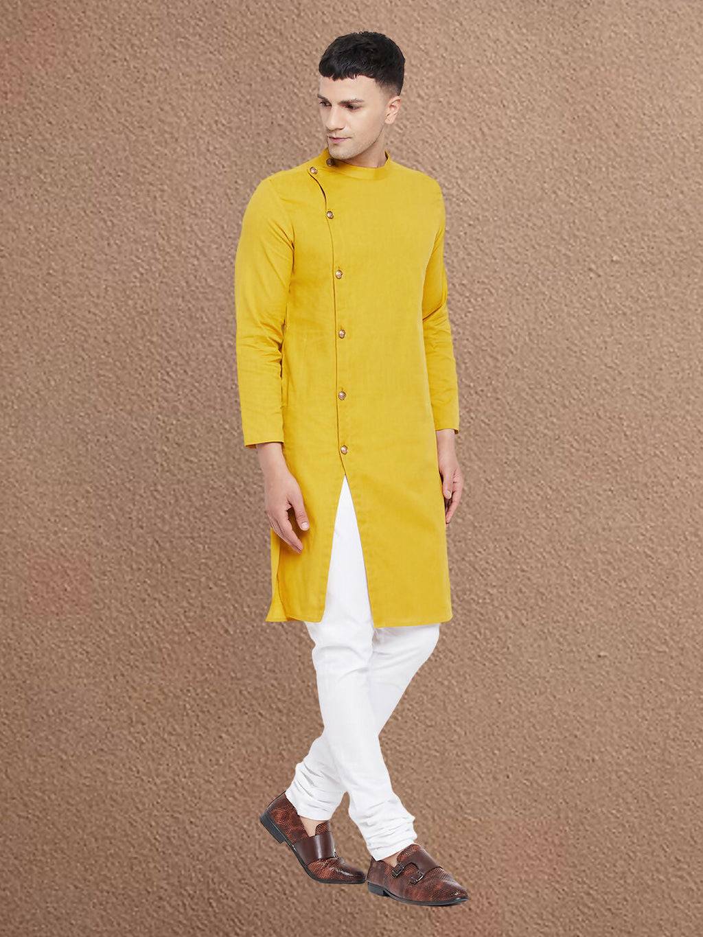 Even Apparels Men's Asymetrical Yellow Sherwani Kurta | Grocsy