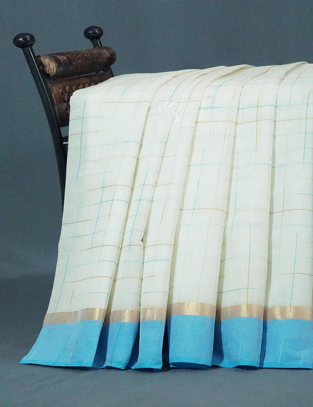 Dual Shade of Milk White And Sky Blue Pure Mangalgiri Cotton By Gayathri Reddy Designer Studio | Grocsy