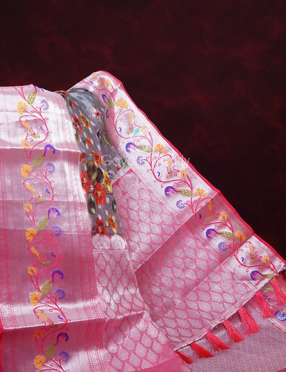 Grey And Baby Pink Colour Banaras Borders And Creeper Design Semi Silk Saree By Gayathri Reddy Designer Studio | Grocsy