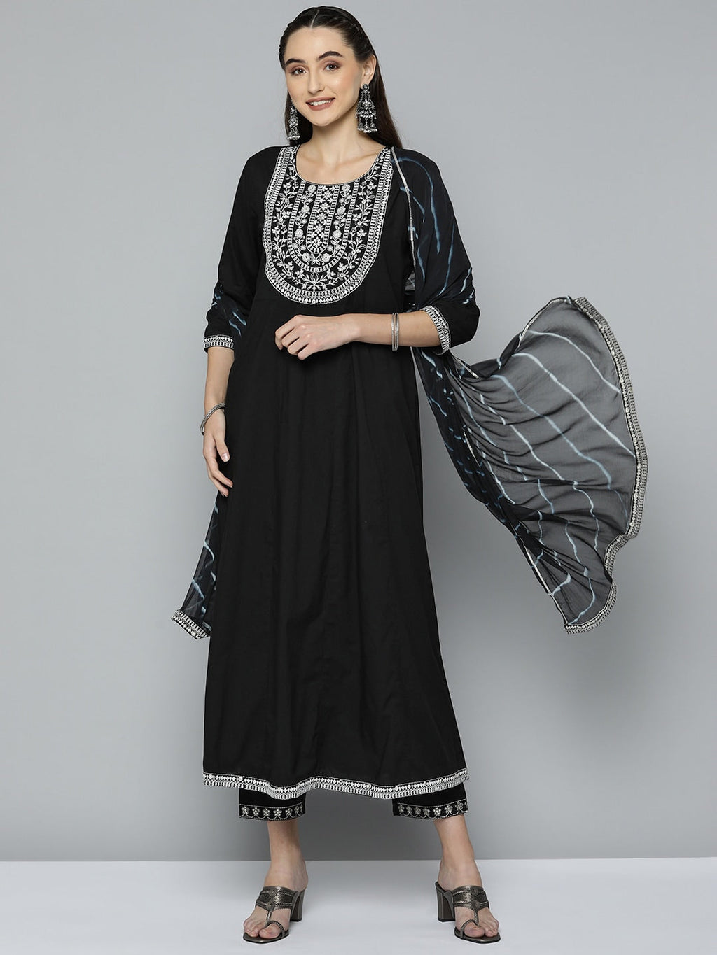 HERE&NOW Women Black Ethnic Motifs Embroidered Kurta with Trousers & With Dupatta | Grocsy