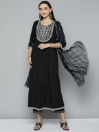 HERE&NOW Women Black Ethnic Motifs Embroidered Kurta with Trousers & With Dupatta | Grocsy